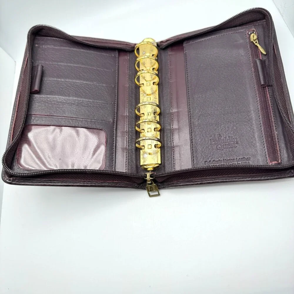 Franklin Quest Vtg Maroon Brown Full Grain Nappa Leather 6 Ring Zipper Binder 7
